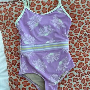 Girls' Lavender Floral Stripe-Detail One-Piece Swimsuit